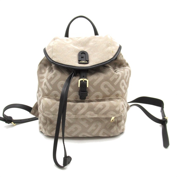 Furla Backpack Rucksack canvas leather Beige Black Used Women