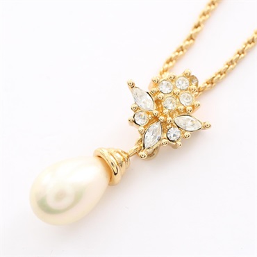 Dior Necklace Gold Plated artificial pearl rhinestone White Used women pendant