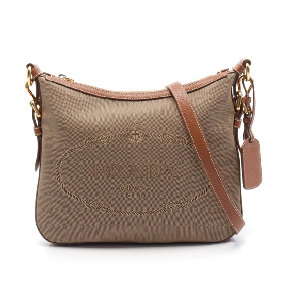 PRADA LOGO JACQUARD Shoulder Bag BT0706 leather Khaki Brown Used Women crossbody