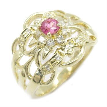 JEWELRY pink tourmaline diamond Ring K18 Yellow Gold Used US size #5.75