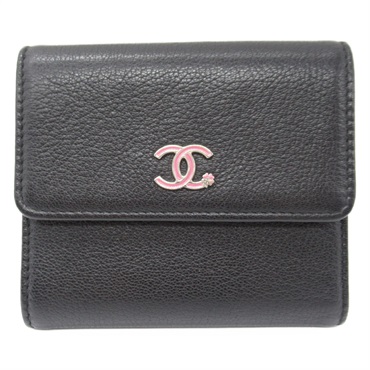 CHANEL Three-fold wallet Calfskin leather Black Used Women SHW