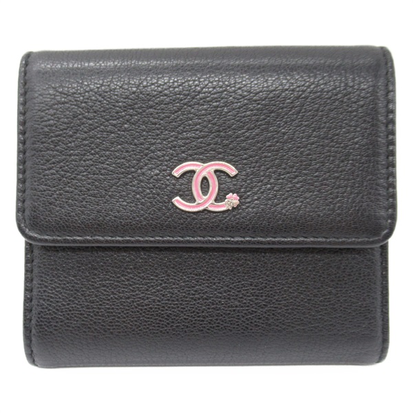 CHANEL Three-fold wallet Calfskin leather Black Used Women SHW