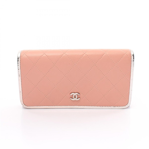 CHANEL Matelasse COCO Mark Bifold long wallet purse leather Pink Used SHW