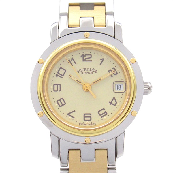HERMES Clipper Wrist Watch CL4.220 Quartz Gold Plated Stainless Steel Used Women