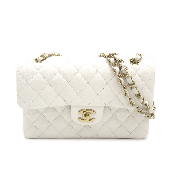 CHANEL Matelasse Double Flap Chain Shoulder Bag A01113 Caviar leather White GHW