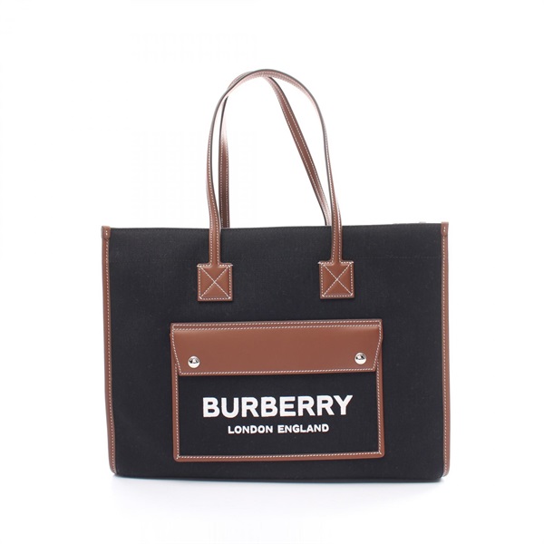 BURBERRY FREYA TOTE Bag canvas leather Black Brown Used unisex logo