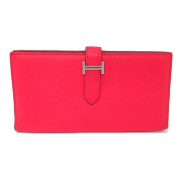 HERMES Bearn soufflet Rose azalee Bifold long wallet Chevre leather Used Women C