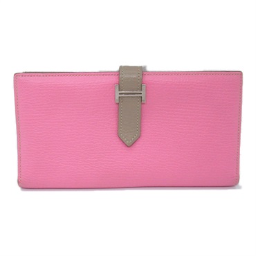 HERMES Bearn Souffle Verso Bifold Wallet Chevre leather Pink Used Women M SHW