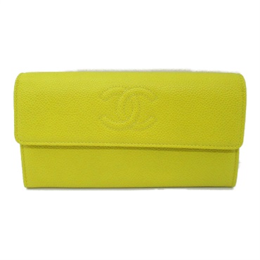 CHANEL Bifold long wallet Caviar Skin leather Yellow Used Women CC Coco SHW