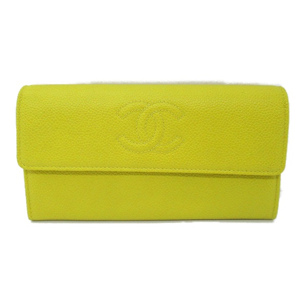 CHANEL Bifold long wallet Caviar Skin leather Yellow Used Women CC Coco SHW