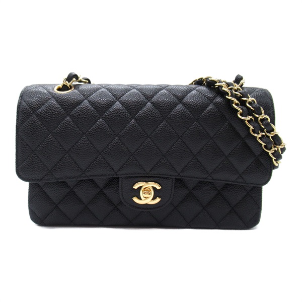 CHANEL Matelasse Double Flap Chain Shoulder Bag A01112 Caviar Skin Black GHW