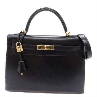 HERMES Kelly 32 Shoulder Hand bag Box calf leather Calfskin Noir Black Used