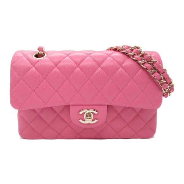 CHANEL Matelasse Double Flap Chain Shoulder hand Bag Caviar Skin Pink SHW Used