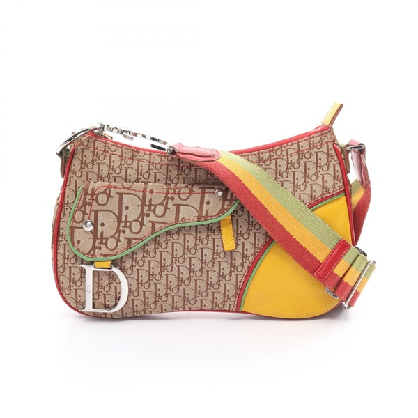 Christian Dior Trotter Rasta Saddle Shoulder Bag canvas leather Beige Used women