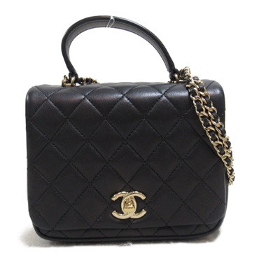 CHANEL top handle Matelasse Chain Shoulder crossbody Bag Lambskin Black Used GHW