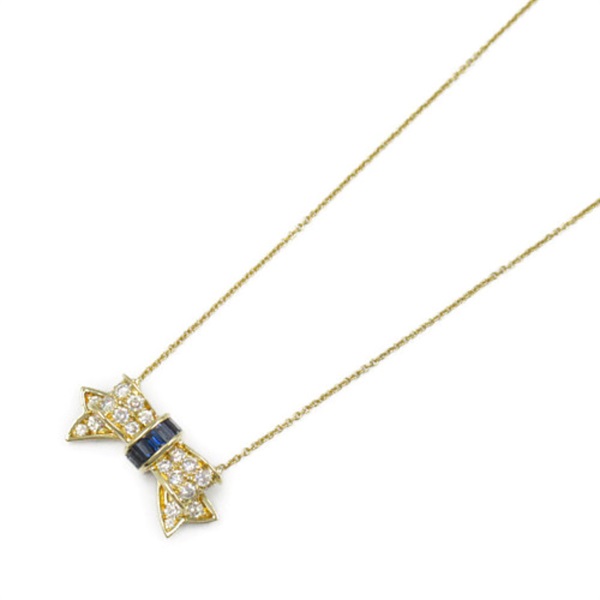 TIFFANY＆CO Ribbon Sapphire Diamond Necklace Pendant K18 YG Yellow Gold Blue