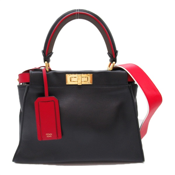 FENDI Peekaboo Defender Shoulder Bag 8BN307 leather canvas Black Red Natural