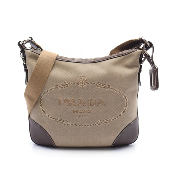 PRADA LOGO JACQUARD Logo Jacquard Shoulder Bag canvas leather Beige Brown Used