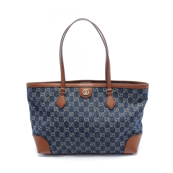 GUCCI Medium tote in GG denim Tote Bag 631685 leather Navy Brown Used Women