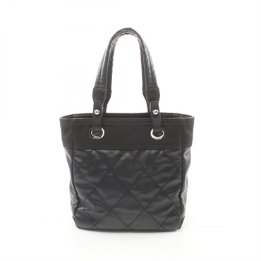 CHANEL Paris Biarritz PM Tote Bag PVC coated canvas leather Black Used Women SHW