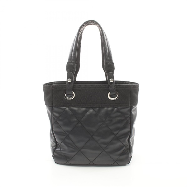 CHANEL Paris Biarritz PM Tote Bag PVC coated canvas leather Black Used Women SHW