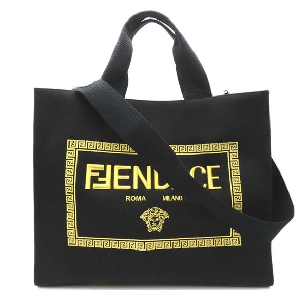 FENDI 2way Logo Tote Bag shoulder canvas Black Gold Used Women