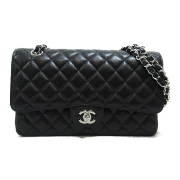CHANEL Matelasse Double Flap Chain Shoulder crossbody Bag Caviar Skin Black SHW