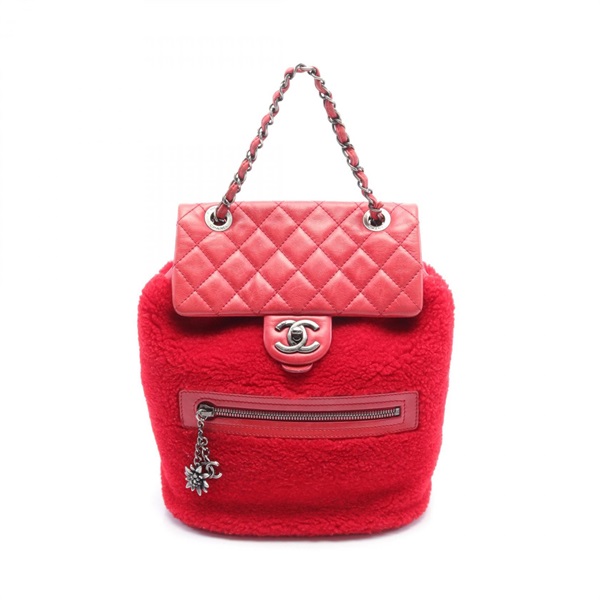 CHANEL Matelasse drawstring bag Backpack Mouton leather Red Used