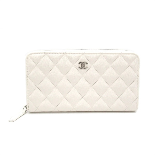 CHANEL Matelasse Round long wallet Purse Caviar Skin Grained Calf White Used CC