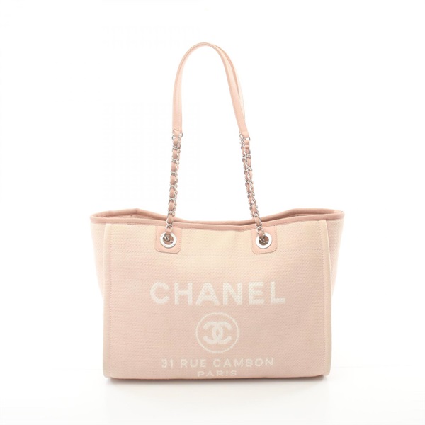 CHANEL Deauville Tote chain shoulder Bag A67001 canvas leather Pink SHW Used