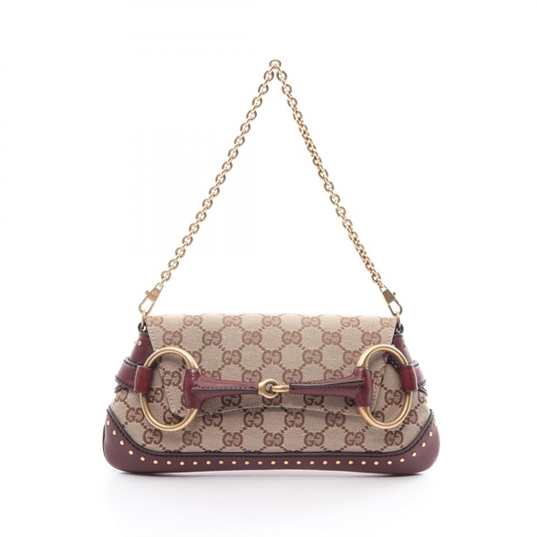 GUCCI Horsebit GG canvas Handbag 119186 leather Beige Bordeaux Used Women