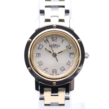 HERMES Clipper Nacre Wrist Watch CL4.220 Quartz Gold Plated SS Used Women