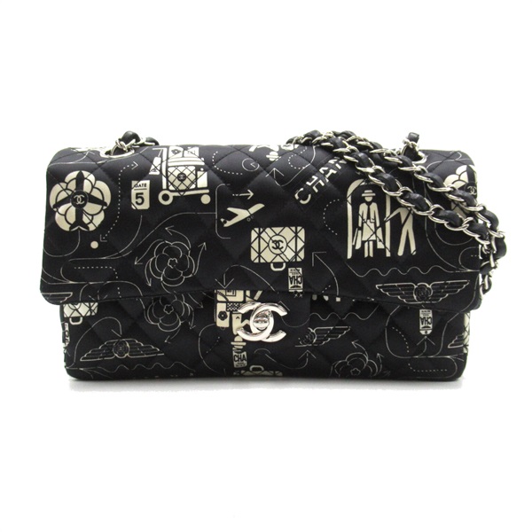 CHANEL Airline W Flap Chain Shoulder Bag crossbody Satin Black White Used Women