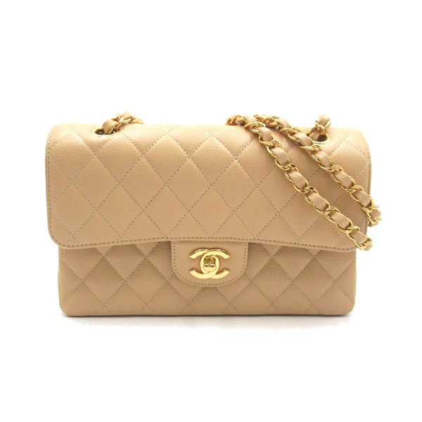 CHANEL Matelasse Double Flap Chain Shoulder Bag Caviar leather Beige Used Women