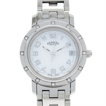 HERMES Clipper Nacre 12P diamond Wrist Watch CL4.230 Quartz SS Used Women