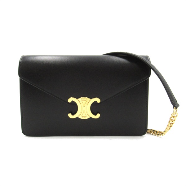 CELINE Triomphe Chain Shoulder Bag leather Black Used Women