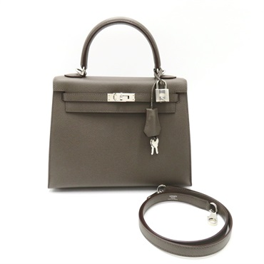 HERMES Kelly 28 Outside Stitched Shoulder Hand bag Epsom Calfskin SHW Gray Used
