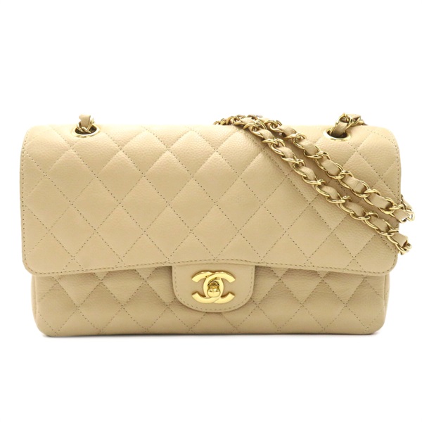 CHANEL CC Matelasse Double Flap Chain Shoulder Bag Caviar Skin Beige Used Coco