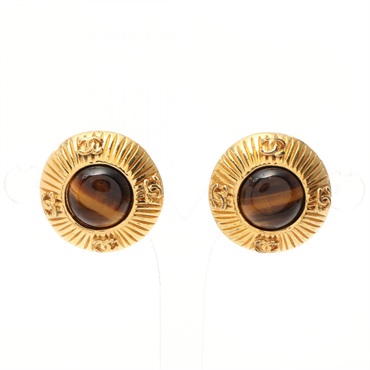 CHANEL COCO Mark clip Earring Gold Plated Brown