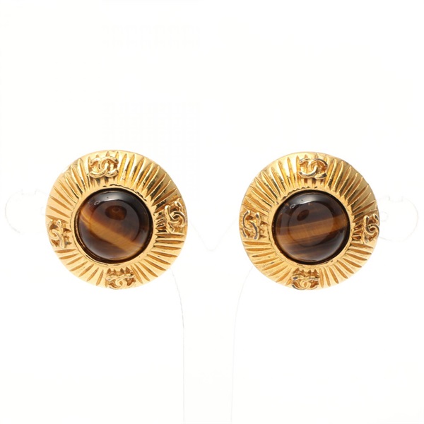 CHANEL COCO Mark clip Earring Gold Plated Brown