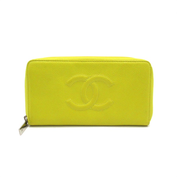 CHANEL CC Round long wallet Purse Caviar Skin Grained Calf Yellow Used Coco