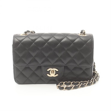 CHANEL Mini Matelasse chain crossbody Shoulder Bag Caviar skin Black Used GHW
