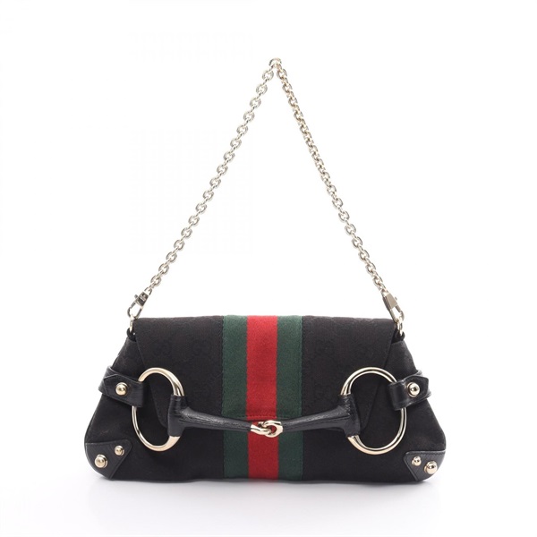 GUCCI Horsebit GG Canvas Shelly Line Handbag 131470 Black Used Women