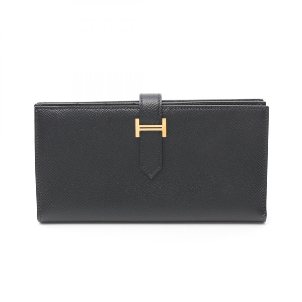 HERMES Bearn Soufflet Bifold long wallet purse Z Epsom leather Black GHW Used