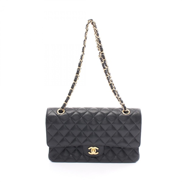 CHANEL Matelasse double flap chain Shoulder Bag Caviar skin Black Used GHW