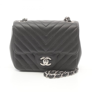 CHANEL Chevron V Stitch chain crossbody Shoulder Bag Caviar skin Black Used SHW