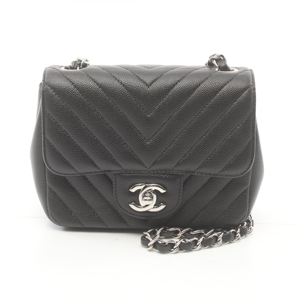 CHANEL Chevron V Stitch chain crossbody Shoulder Bag Caviar skin Black Used SHW