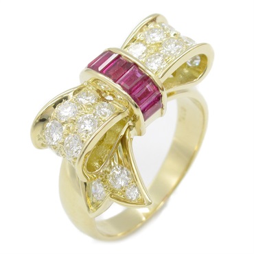 TIFFANY＆CO Antique Ribbon Ring 18KYG Gold Ruby diamond Used US size 6 women