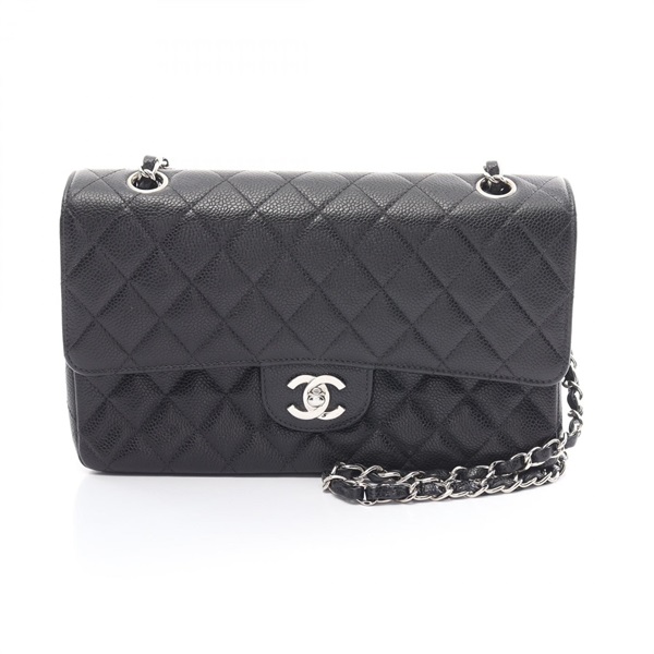 CHANEL Matelasse double flap Shoulder Bag Grained calfskin Black Used Women SHW