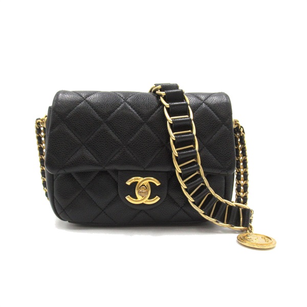 CHANEL Mini Materasse Chain Shoulder Bag Grained calfskin Black Used Women GHW